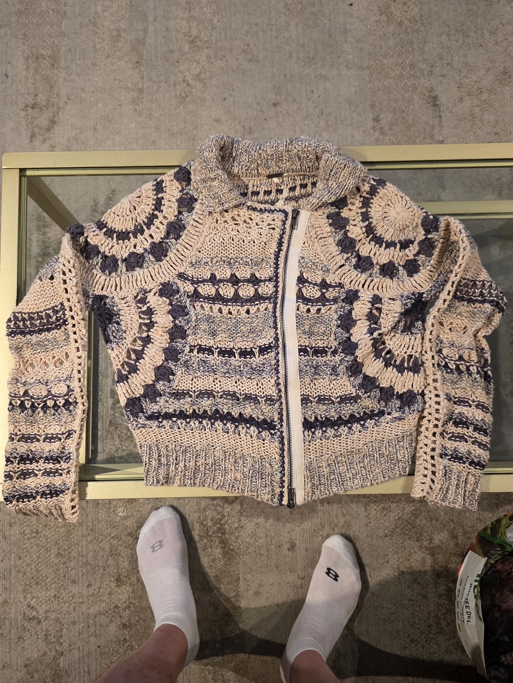 Free People Cream and Navy Crochet Zip Front Cardigan